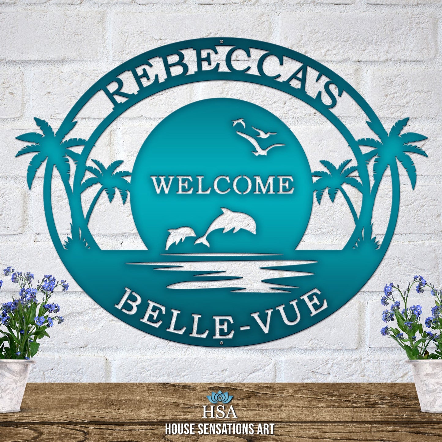 Personalized Metal Beach Sign with Palm Trees – Custom Street Numbers Sign – Weather - Resistant Outdoor Address Signs for Home Décor & Housewarming Gift - HouseSensationsArt