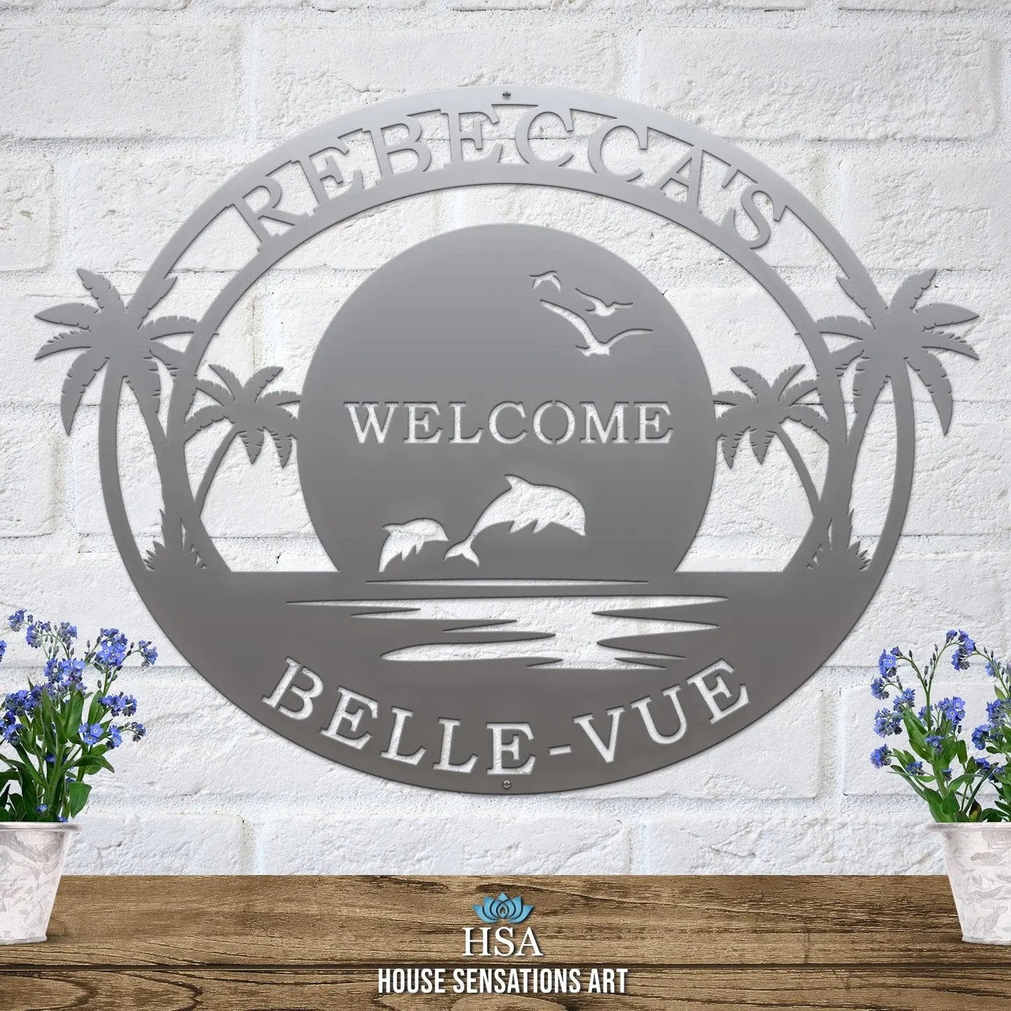 Personalized Metal Beach Sign with Palm Trees – Custom Street Numbers Sign – Weather - Resistant Outdoor Address Signs for Home Décor & Housewarming Gift - HouseSensationsArt