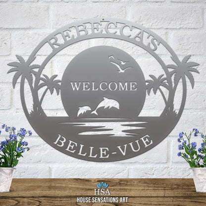 Personalized Metal Beach Sign with Palm Trees – Custom Street Numbers Sign – Weather - Resistant Outdoor Address Signs for Home Décor & Housewarming Gift - HouseSensationsArt