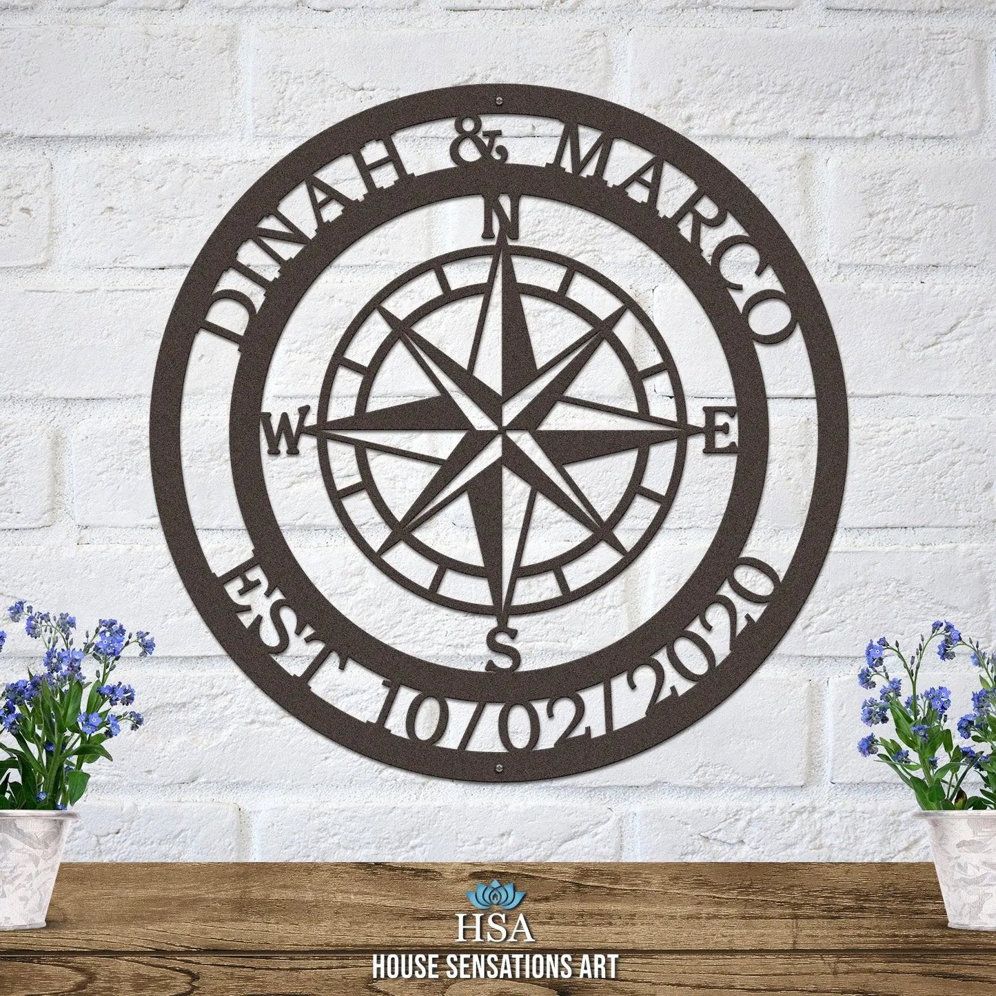 Personalized Name Compass Sign - Personalized Nautical Wall Art, Family Name & Date - Indoor Outdoor Metal Decor, Housewarming or Wedding Gift for Couples - HouseSensationsArt