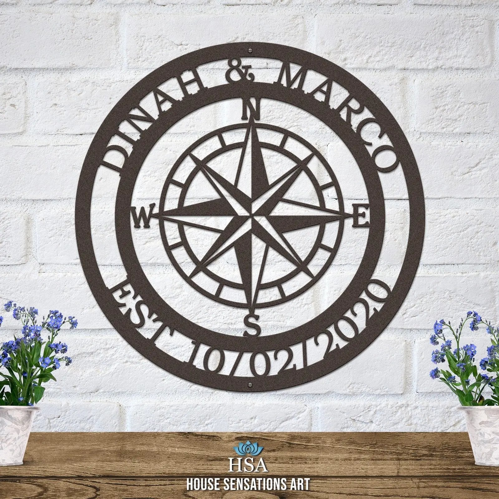 Personalized Name Compass Sign - Personalized Nautical Wall Art, Family Name & Date - Indoor Outdoor Metal Decor, Housewarming or Wedding Gift for Couples - HouseSensationsArt