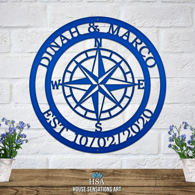Personalized Name Compass Sign - Personalized Nautical Wall Art, Family Name & Date - Indoor Outdoor Metal Decor, Housewarming or Wedding Gift for Couples Compass Sign House Sensations Art