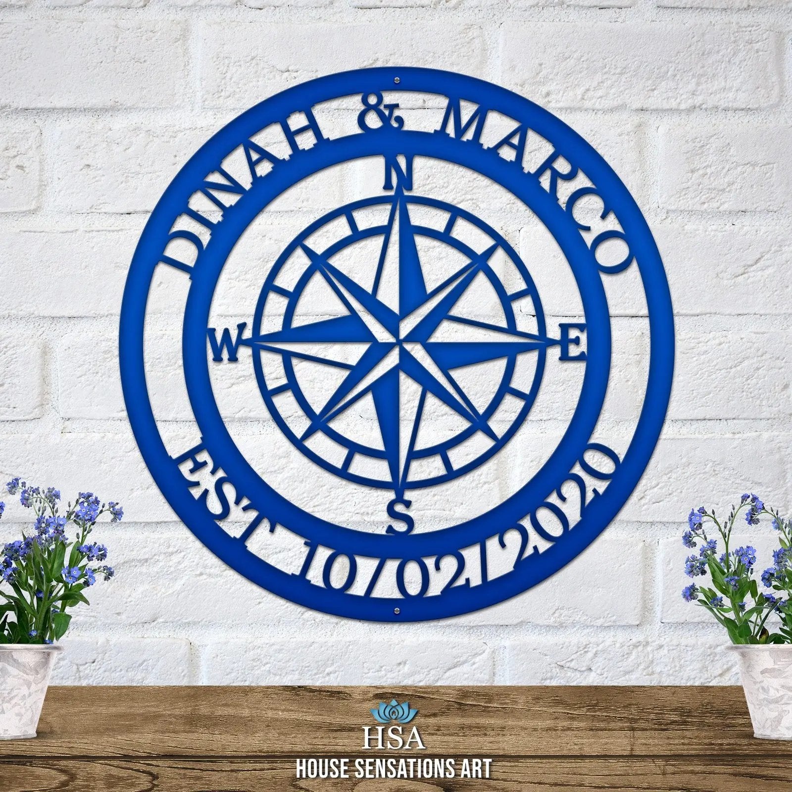 Personalized Name Compass Sign - Personalized Nautical Wall Art, Family Name & Date - Indoor Outdoor Metal Decor, Housewarming or Wedding Gift for Couples - HouseSensationsArt