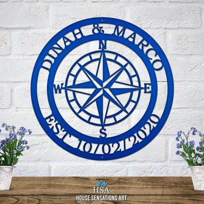 Personalized Name Compass Sign - Personalized Nautical Wall Art, Family Name & Date - Indoor Outdoor Metal Decor, Housewarming or Wedding Gift for Couples - HouseSensationsArt