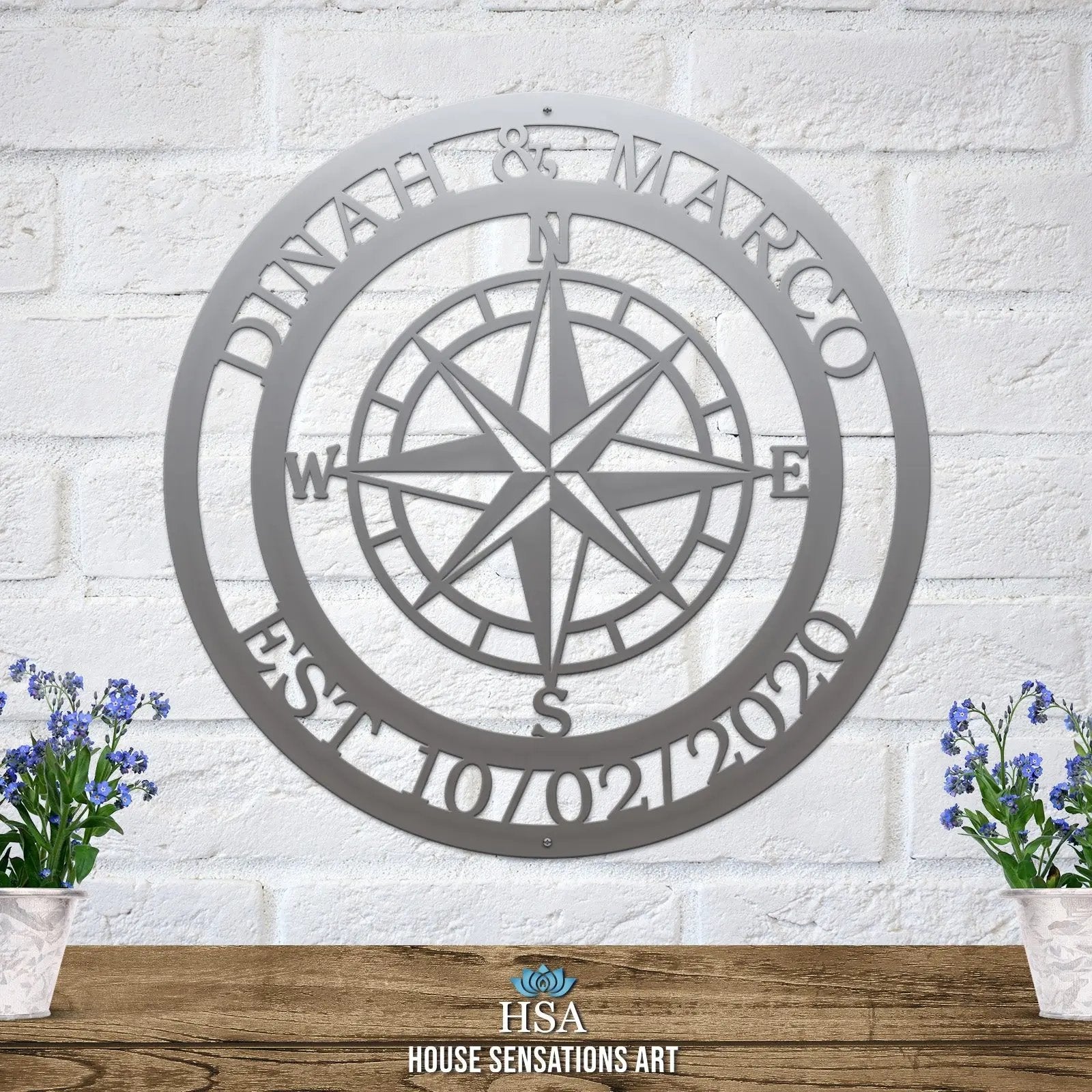 Personalized Name Compass Sign - Personalized Nautical Wall Art, Family Name & Date - Indoor Outdoor Metal Decor, Housewarming or Wedding Gift for Couples - HouseSensationsArt