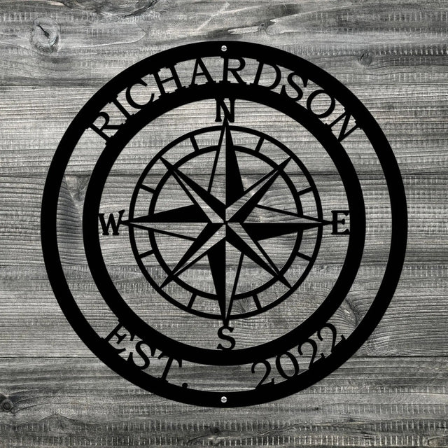 Personalized Name Compass Sign - Personalized Nautical Wall Art, Family Name & Date - Indoor Outdoor Metal Decor, Housewarming or Wedding Gift for Couples Compass Sign House Sensations Art