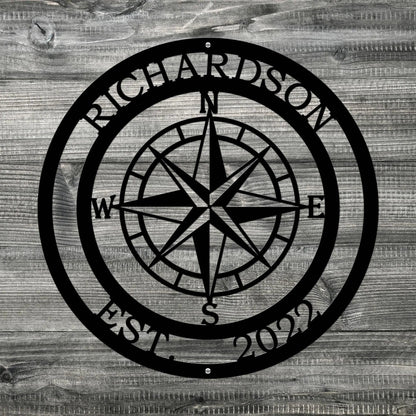 Personalized Name Compass Sign - Personalized Nautical Wall Art, Family Name & Date - Indoor Outdoor Metal Decor, Housewarming or Wedding Gift for Couples - HouseSensationsArt