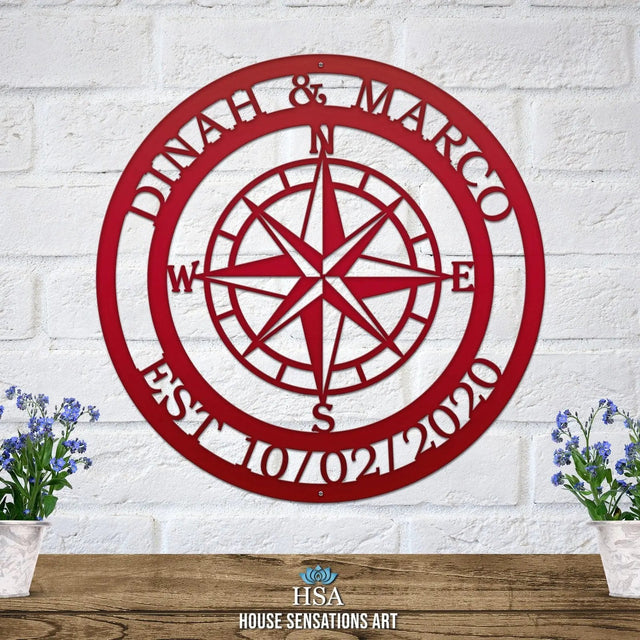 Personalized Name Compass Sign - Personalized Nautical Wall Art, Family Name & Date - Indoor Outdoor Metal Decor, Housewarming or Wedding Gift for Couples Compass Sign House Sensations Art