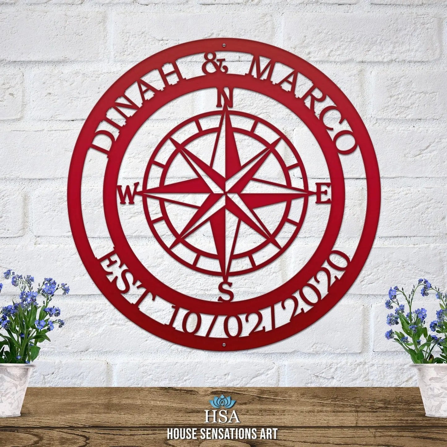 Personalized Name Compass Sign - Personalized Nautical Wall Art, Family Name & Date - Indoor Outdoor Metal Decor, Housewarming or Wedding Gift for Couples - HouseSensationsArt