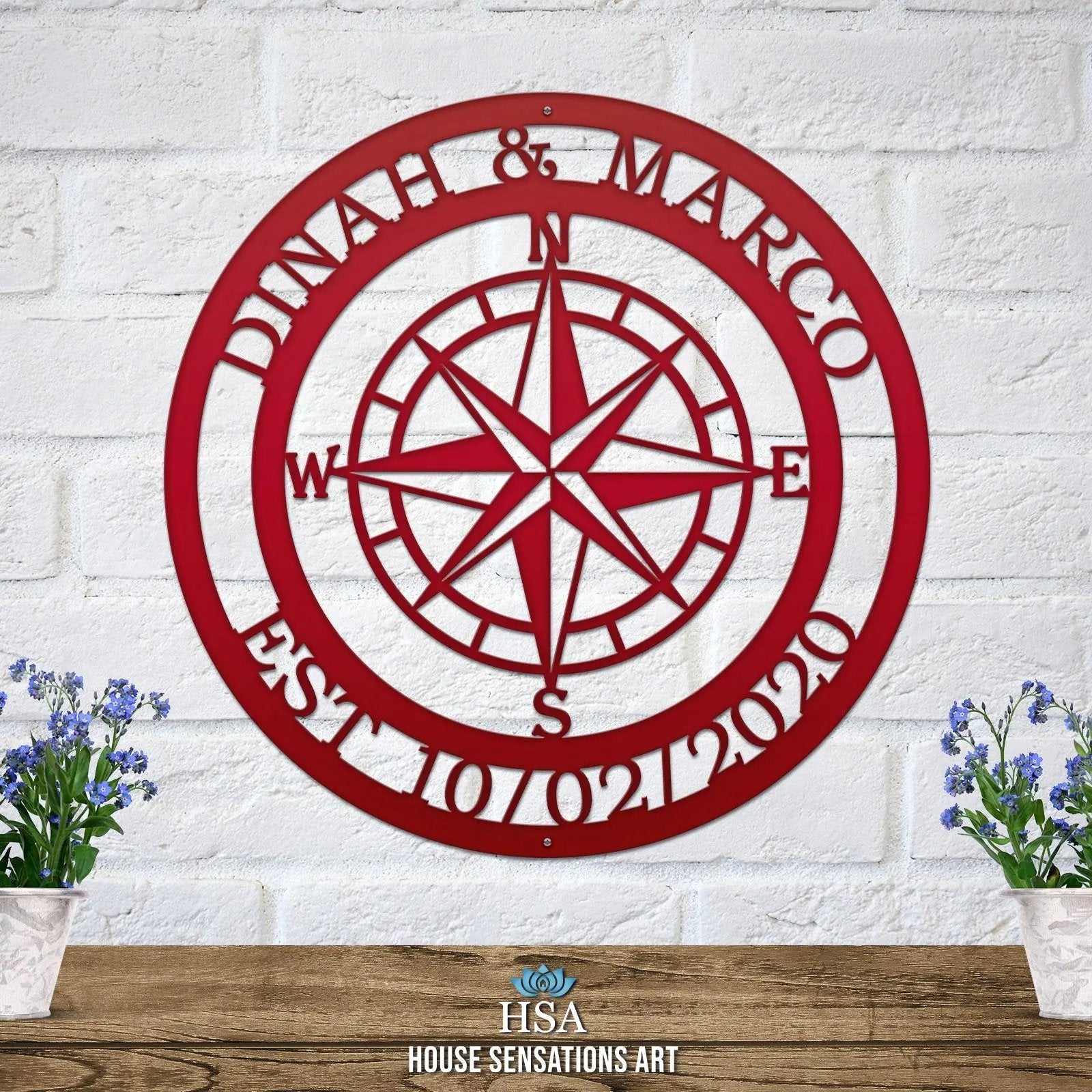 Personalized Name Compass Sign - Personalized Nautical Wall Art, Family Name & Date - Indoor Outdoor Metal Decor, Housewarming or Wedding Gift for Couples - HouseSensationsArt