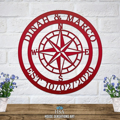 Personalized Name Compass Sign - Personalized Nautical Wall Art, Family Name & Date - Indoor Outdoor Metal Decor, Housewarming or Wedding Gift for Couples - HouseSensationsArt