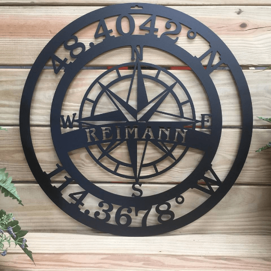 Personalized nautical metal compass sign with coordinates, ideal décor for marine, home, or office spaces