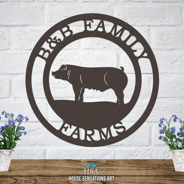 Laser cut personalized ranch sign in oil-rubbed bronze with pig farm landscape and resort name durable steel sign.