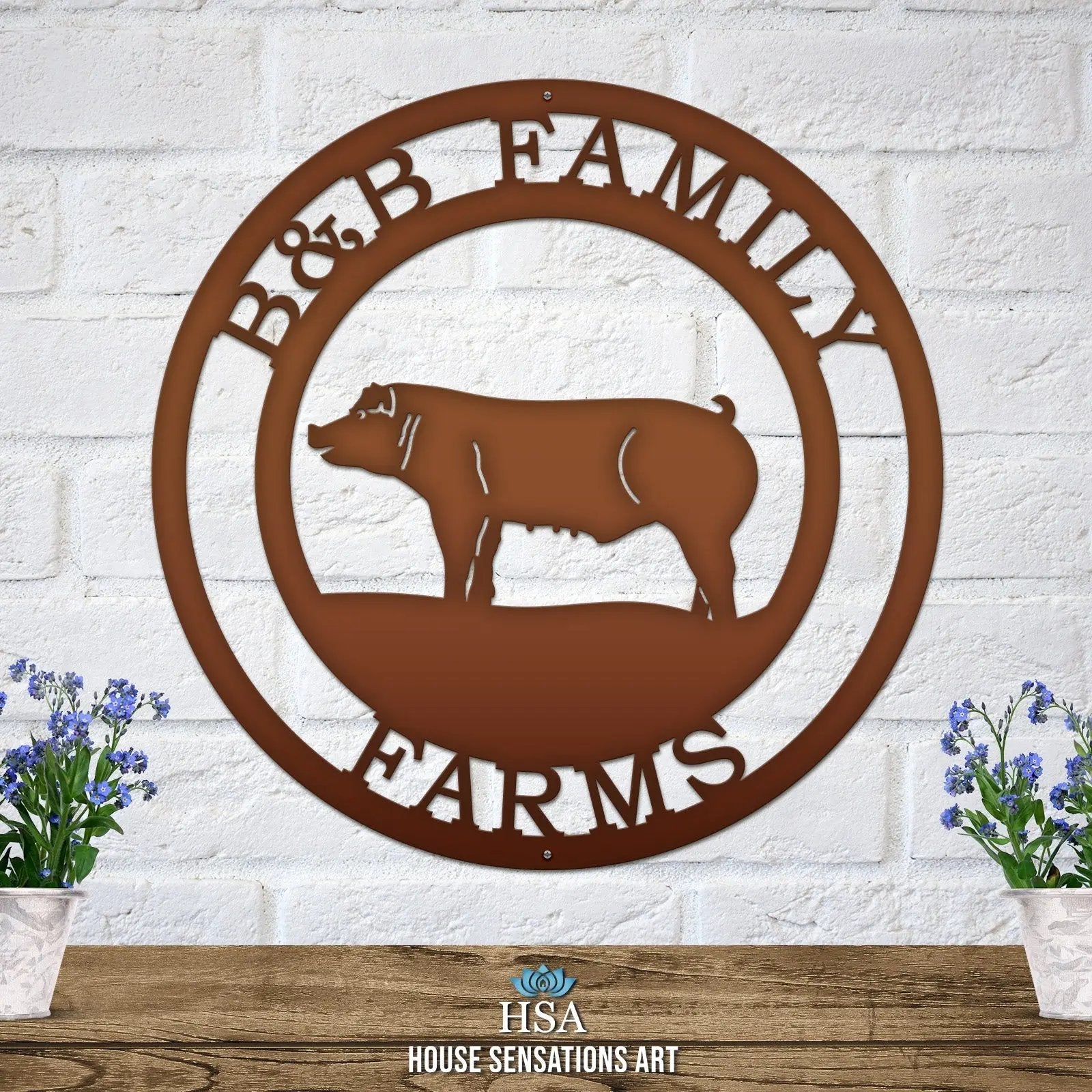 Candy copper personalized ranch sign with pig in a farm landscape custom resort text laser cut into heavy-duty steel.