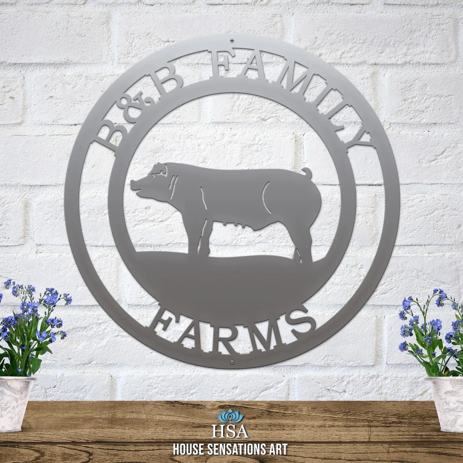Polished chrome laser cut steel ranch sign with pig scene and custom resort text premium personalized farm decor.