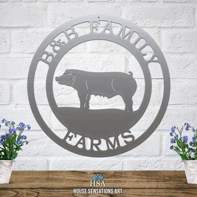 Polished chrome laser cut steel ranch sign with pig scene and custom resort text premium personalized farm decor.