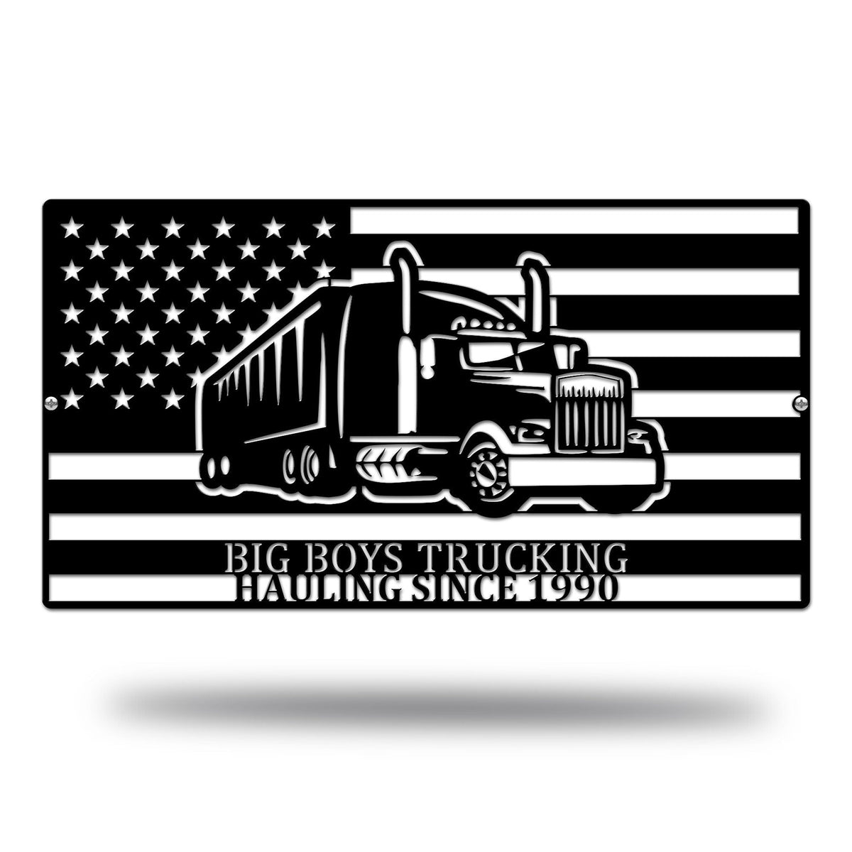 American flag graphic with truck design and Big Boys Trucking text on white background, custom patriotic metal sign for trucking business branding and decorative display
