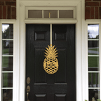 Black front door with gold pineapple hello metal hanging sign, tropical entry décor, brick home curb appeal, custom powder coated welcome wall art sign
