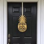 Black front door with gold pineapple hello metal hanging sign, tropical entry décor, farmhouse curb appeal, custom powder coated welcome wall art sign