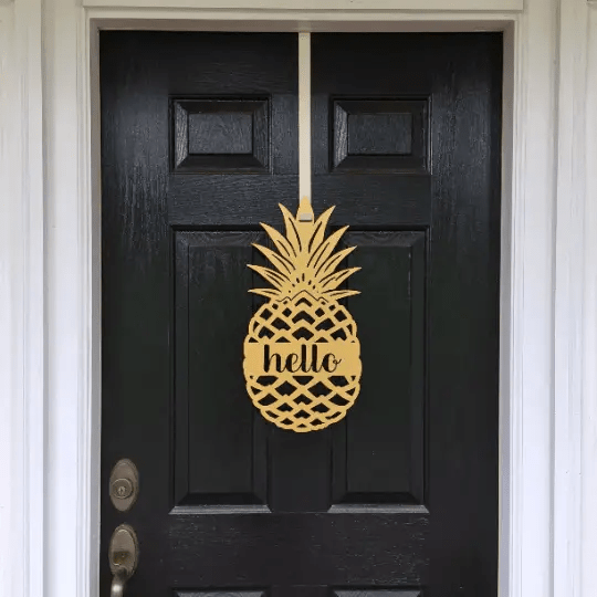 Black front door with gold pineapple hello metal hanging sign, tropical entry décor, farmhouse curb appeal, custom powder coated welcome wall art sign