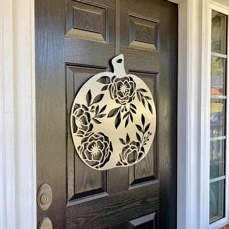 Pumpkin Door Decor – Floral Metal Sign for Fall & Thanksgiving - HouseSensationsArt