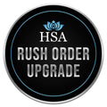 Metal label featuring the “HSA Rush Order Upgrade” logo displayed on a black background, highlighting bold lettering and professional branding.