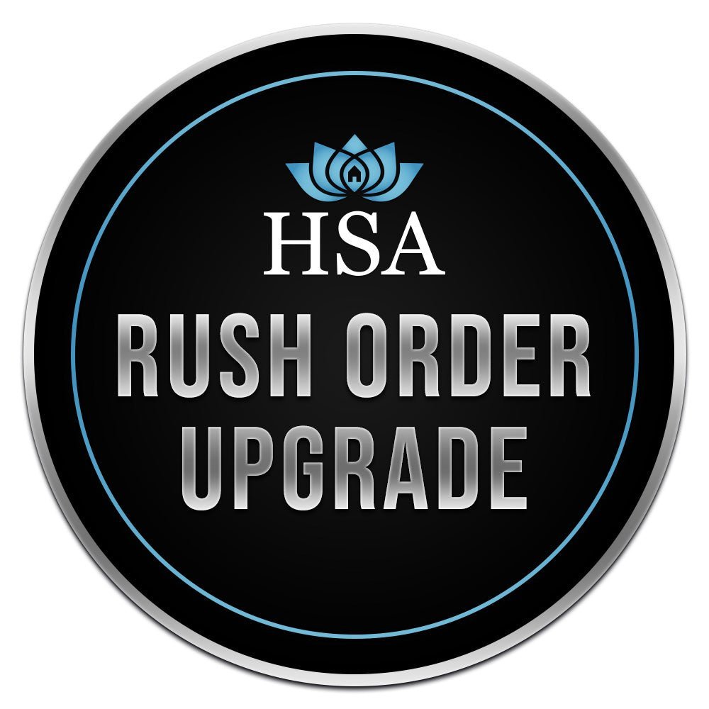 Metal label featuring the “HSA Rush Order Upgrade” logo displayed on a black background, highlighting bold lettering and professional branding.