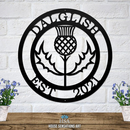 Scottish Thistle Family Last Name Sign - Personalized Family Name Sign - Monogram Metal Wall Art - Custom Last Name Sign Wedding Gift - Home Decor Outdoor Metal Sign - HouseSensationsArt