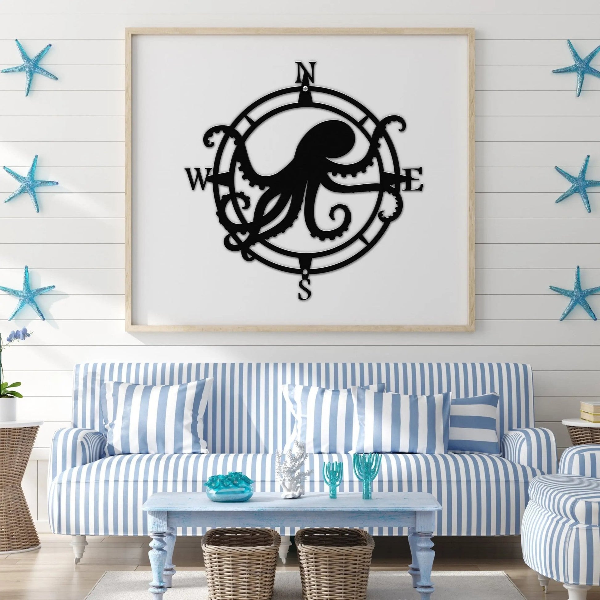 Satin black compass metal sign featuring an octopus at the core with W and E pointing tentacles; ocean vibe accent.