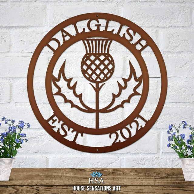 Scottish thistle metal monogram wall art – personalized last name sign for housewarming or anniversary gift