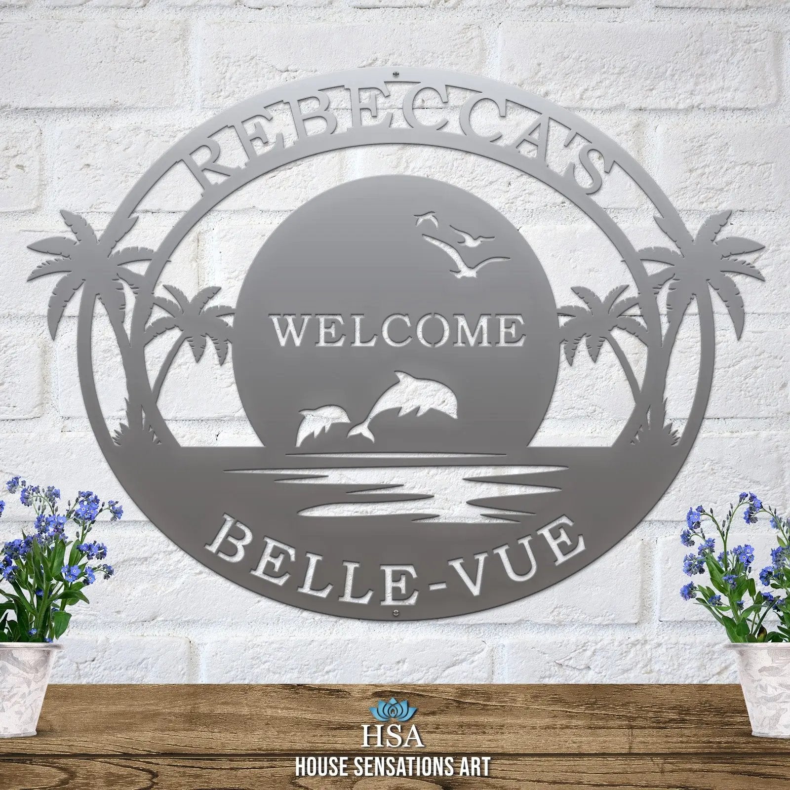 Tropical palm tree metal address sign, personalized beach house number plaque for outdoor decor