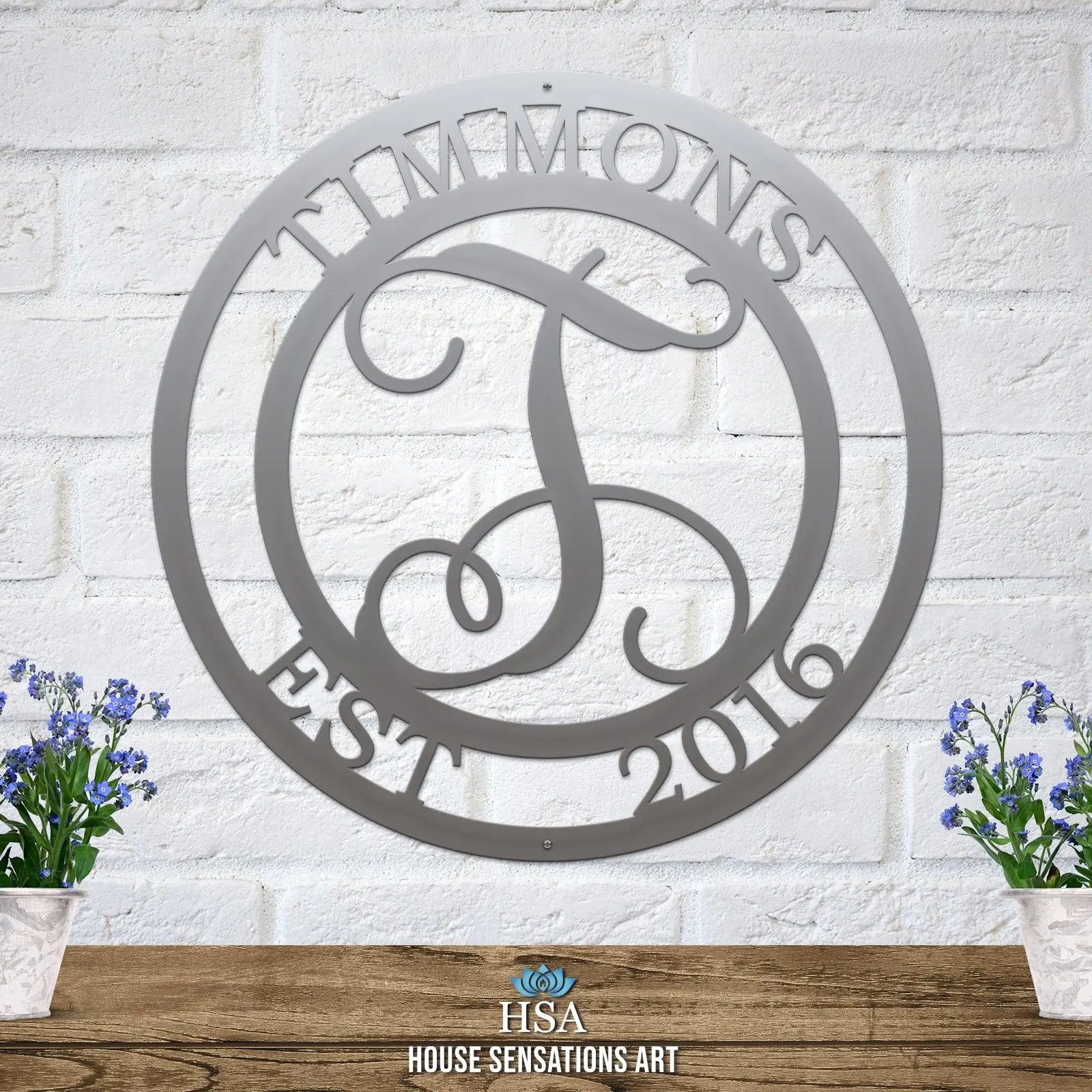 Wedding gift monogram sign – custom vine design with last name, ideal for front door or garden metal wall decor