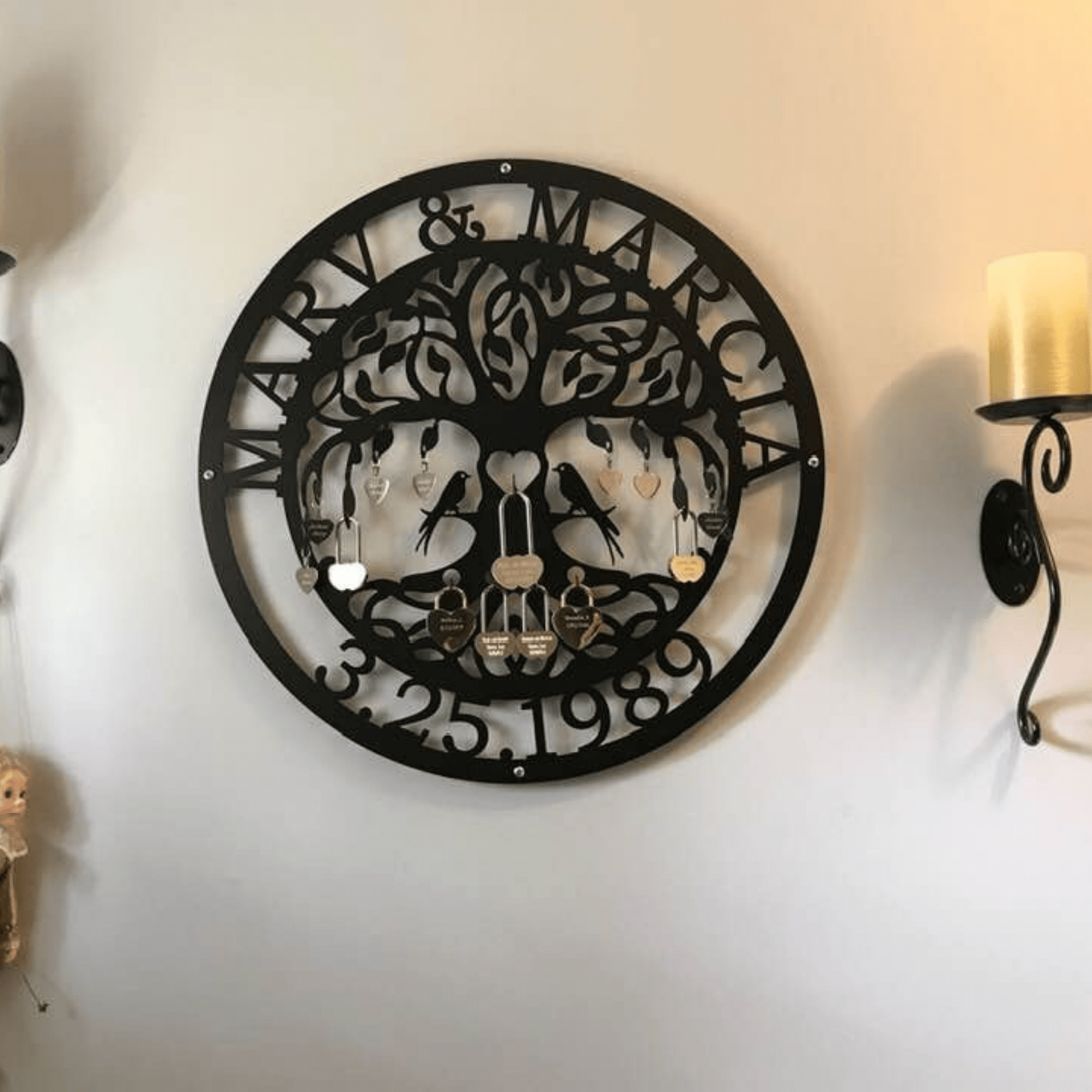Custom wedding unity tree sign with engraved love lock and perched birds, romantic metal wall art