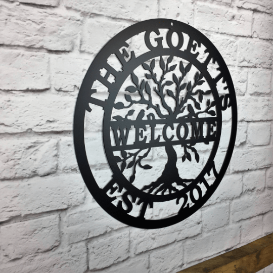 Welcome Tree of life Name Date Sign - Personalized Family Name Sign - Monogram Metal Wall Art - Custom Last Name Sign Wedding Gift - Home Decor Outdoor Metal Sign - HouseSensationsArt
