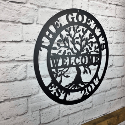 Welcome Tree of life Name Date Sign - Personalized Family Name Sign - Monogram Metal Wall Art - Custom Last Name Sign Wedding Gift - Home Decor Outdoor Metal Sign - HouseSensationsArt