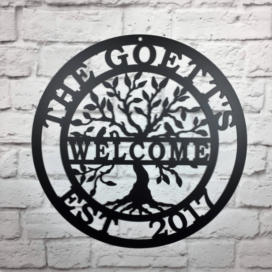 Welcome Tree of life Name Date Sign - Personalized Family Name Sign - Monogram Metal Wall Art - Custom Last Name Sign Wedding Gift - Home Decor Outdoor Metal Sign - HouseSensationsArt