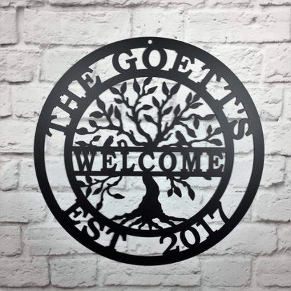 Welcome Tree of life Name Date Sign - Personalized Family Name Sign - Monogram Metal Wall Art - Custom Last Name Sign Wedding Gift - Home Decor Outdoor Metal Sign - HouseSensationsArt