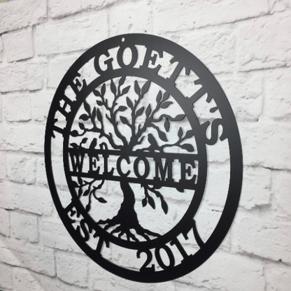 Welcome Tree of life Name Date Sign - Personalized Family Name Sign - Monogram Metal Wall Art - Custom Last Name Sign Wedding Gift - Home Decor Outdoor Metal Sign - HouseSensationsArt